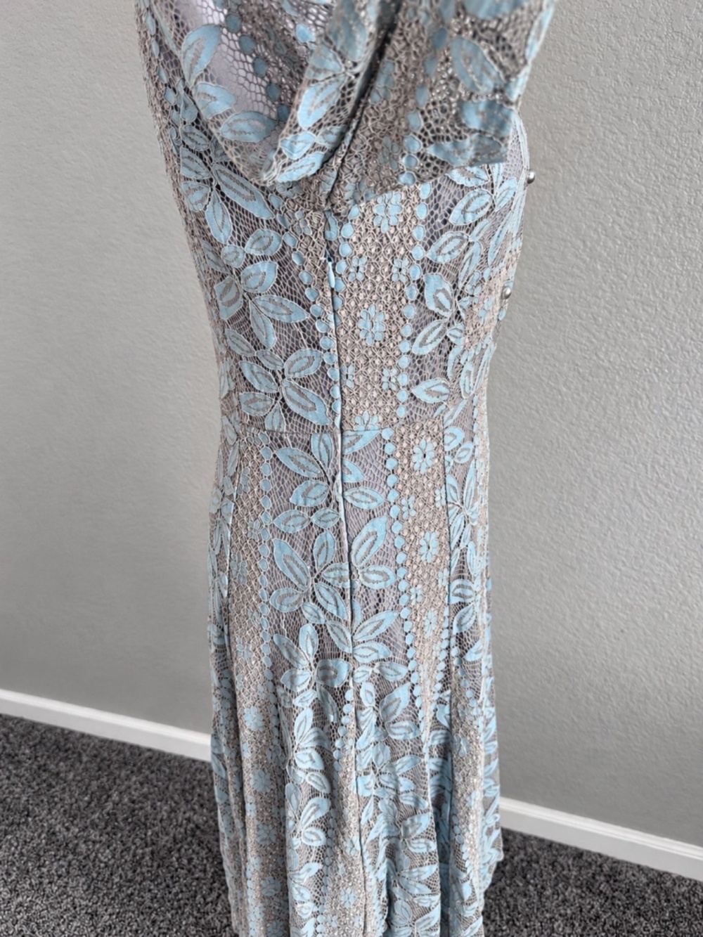 AIZHE Blue Gray Floral Lace Romantic Midi Dress Pearl Button Long Sleeve Medium - Picture 8 of 12